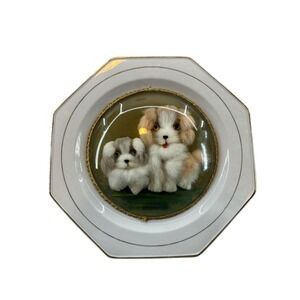 Vintage Liling China Octagon Plate Dogs 3D Domed Display Decor Made In China